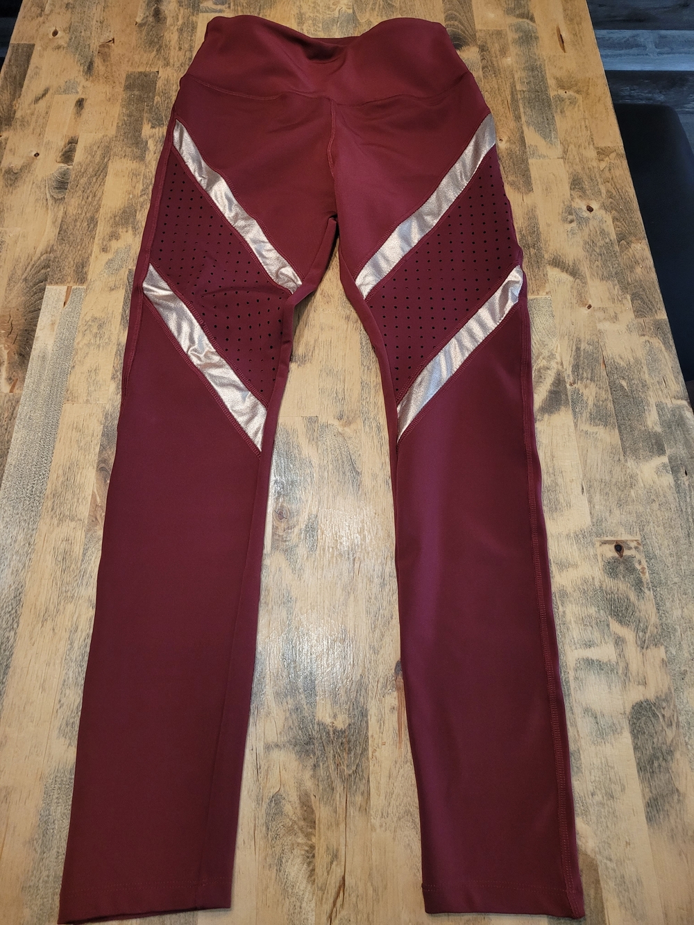 Women's Burgundy Active Leggings with Metallic Silver Accents